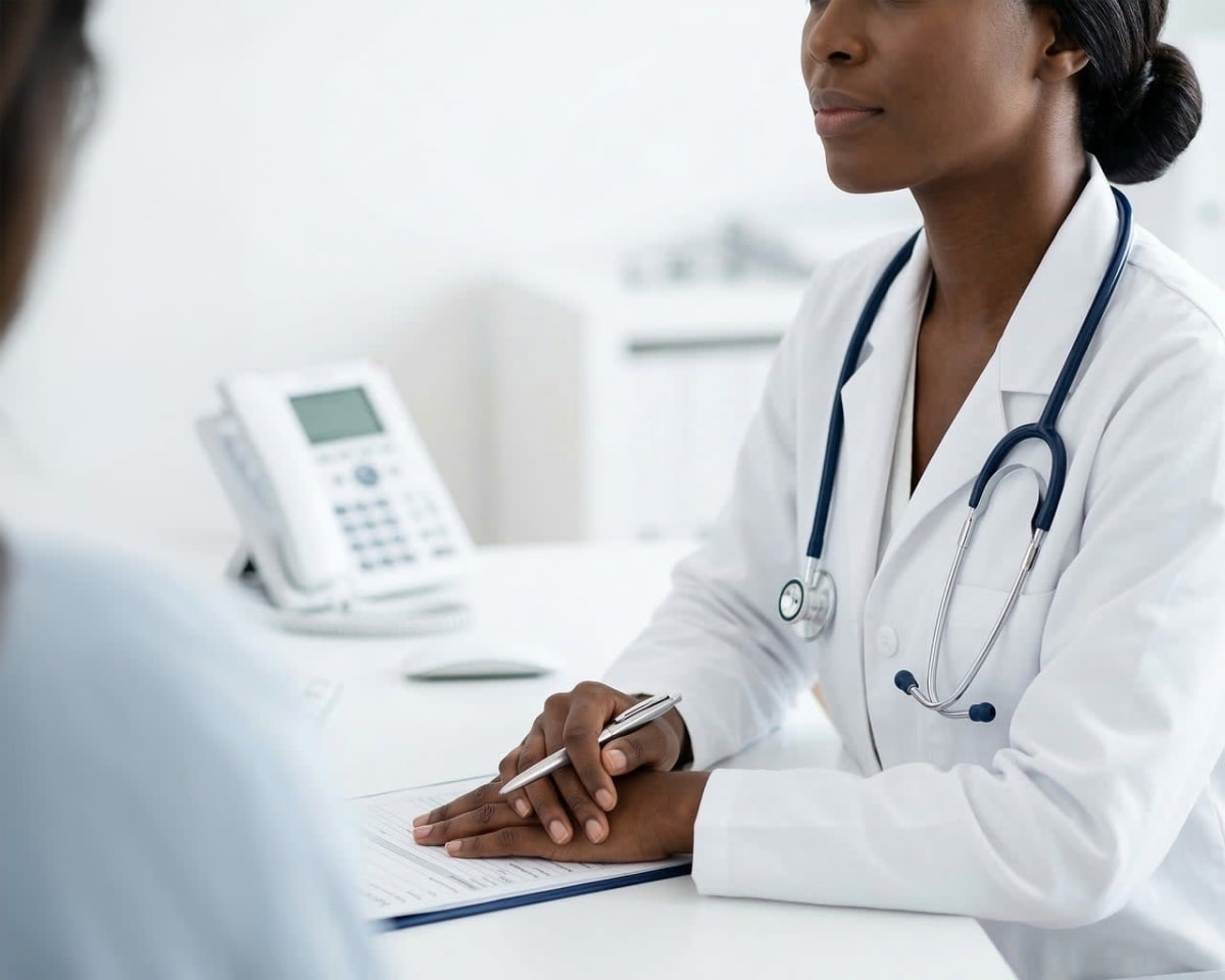 doctor with stethoscope examining patient, clean medical office close-up